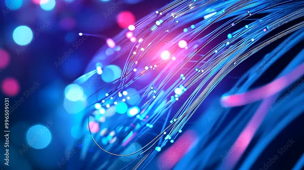 Poster a high-tech background featuring a network of glowing fiber optic cables intertwined, symbolizing th