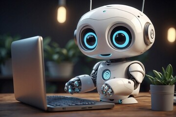 Cute Little Friendly White Robot Working on a Laptop in a Modern Office