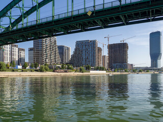 Europe, Serbia, Belgrade, the waterfront on the Sava with new residential complexes and nightlife....