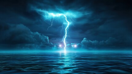 Dramatic Lightning Strike Over Calm Ocean Waters