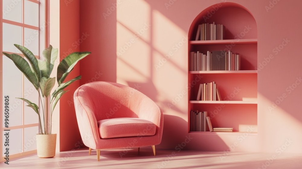 Poster a stylized 3d rendering of a cozy reading nook within a home, emphasizing comfort and relaxation, on