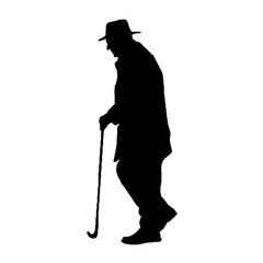 Silhouette of Elderly Male with Walking Stick Isolated on White Background – Vector Art