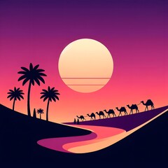 A sunset with mountains and palm trees wallpaper 