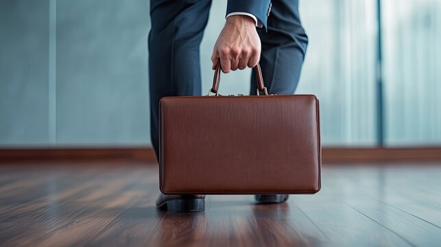 A businessman holding a leather briefcase in a modern office setting, exuding professionalism and readiness for meetings.