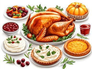 Thanksgiving dinner with roasted turkey, mashed potatoes, pumpkin pie, festive setting, realistic illustration, isolated on white background
