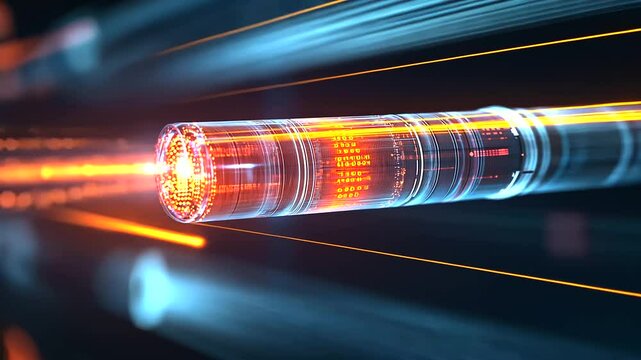 A cross-sectional view of a fiber optic cable, showing the intricate internal structure and the light pulses that carry vast amounts of data