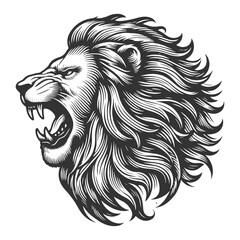 Fierce Lion Head Roaring tattoo growling sketch engraving generative ai vector illustration. Scratch board imitation. Black and white image.