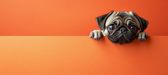 A funny pug peeks out from behind a vibrant orange block, horizontal wallpaper banner, or card with a large copy space.