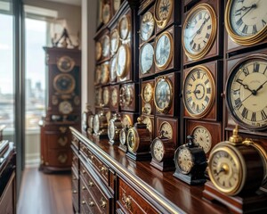 A captivating collection of antique clocks showcased in an elegant display, reflecting the beauty of timekeeping craftsmanship.