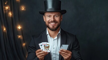 A charming magician performs card tricks with enthusiasm, wearing a classic top hat and exuding confidence in a festive atmosphere.