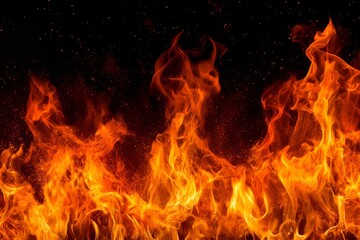 Fototapeta premium Graphic horizontal wallpaper banner of a strongly hot fire flame on black background. Stock photo.