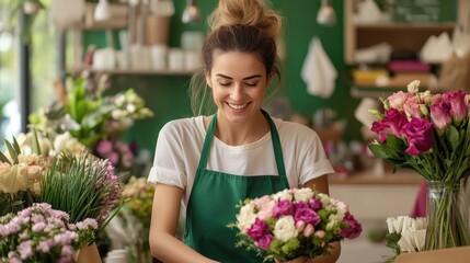 Fototapeta premium A cheerful florist arranging a vibrant bouquet in a bright flower shop, showcasing passion for floral design and creativity.