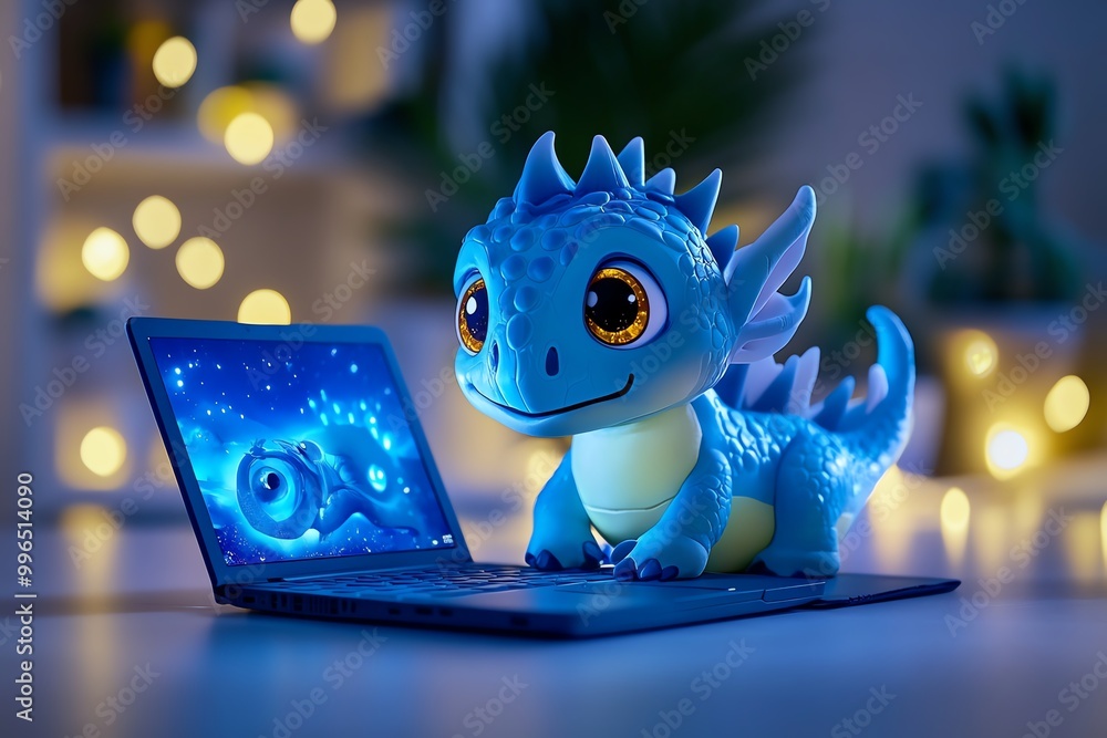 Poster a magical e-learning world where students use enchanted laptops to learn from mystical creatures, bl