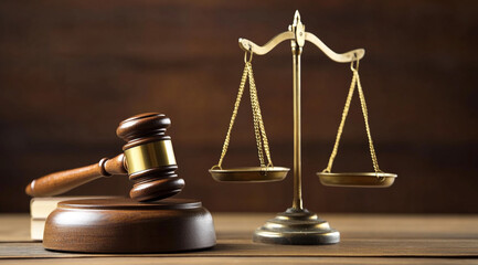 A wooden gavel and scale of justice on the table in front view. The background is blurred with a bookcase.