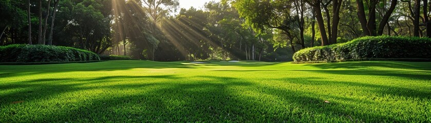 Obraz premium A large, lush green field with a bright sun shining down on it