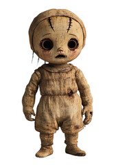 A full-body shot of a living doll with large, expressive eyes, wearing tattered burlap rags, is isolated on a transparent background.

