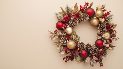 A beautiful holiday wreath features an arrangement of red and gold ornaments alongside pinecones and festive greenery, ideal for enhancing seasonal decor