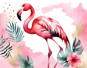 Obraz premium Pink flamingo creative watercolor gilded background