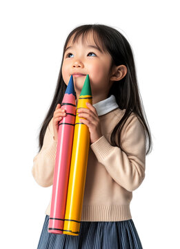 A cheerful Asian girl with a bright smile holds oversized crayons against a white background, viewed from the side.

