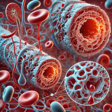 Close-up image damage to capillaries caused by prolonged high blood sugar levels in a diabetic patient. thickening of capillary walls, reduced blood flow, particularly in tissues like retina, kidneys.