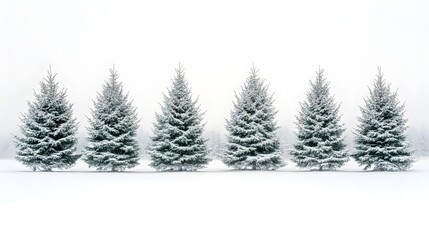 Obraz premium A row of snow-covered evergreen trees in a winter landscape