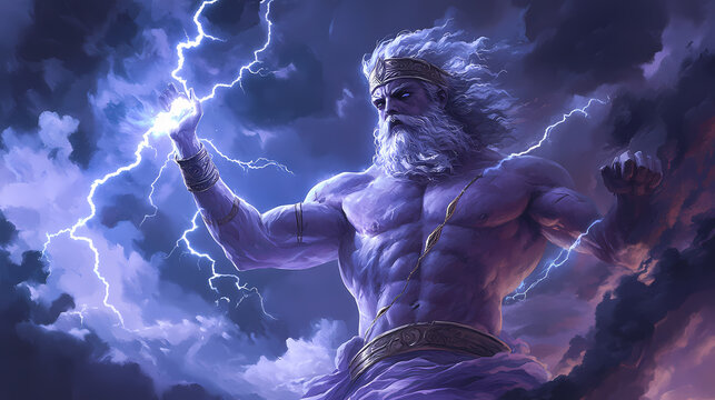 Illustration of zeus, god of sky and thunder. zeus the king of the greek gods ready to hurl lightning bolts down upon the earth and mankind. generative ai. Greek Mythology. Illustration