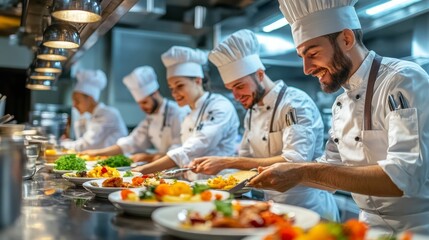 Diverse Team of Chefs in a Global Kitchen - Culinary Professionals Cooking Together with Multicultural Flair