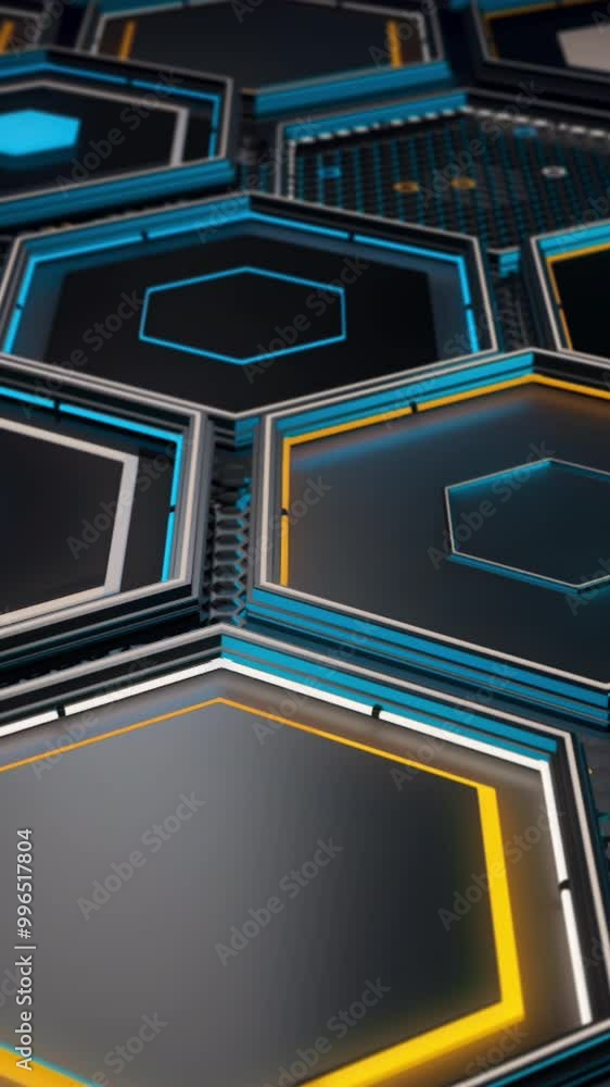 Poster technological pattern with many geometric hexagon frames of blue and yellow colors on black backgrou
