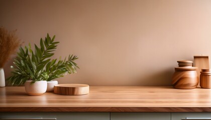 Wooden countertop in the kitchen. Empty product table against a beige wall background. Brown podium for presentation. Interior with a platform for advertising eco-cosmetics


