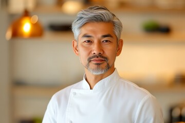 Obraz premium シェフがキッチンで微笑みながら料理をする姿、洗練された雰囲気のレストランでの一瞬