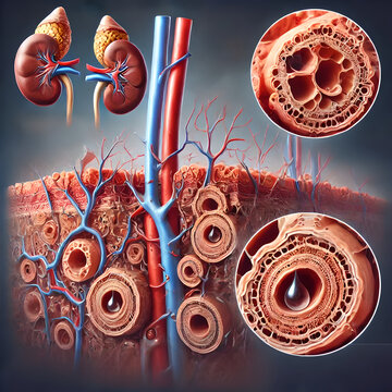 Close-up image damage to capillaries caused by prolonged high blood sugar levels in a diabetic patient. thickening of capillary walls, reduced blood flow, particularly in tissues like retina, kidneys.