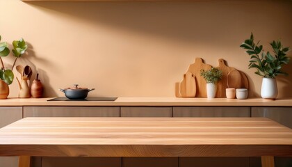 Wooden countertop in the kitchen. Empty product table against a beige wall background. Brown podium for presentation. Interior with a platform for advertising eco-cosmetics

