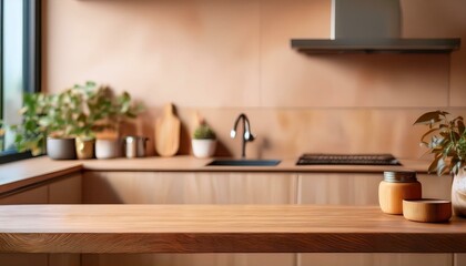 Wooden countertop in the kitchen. Empty product table against a beige wall background. Brown podium for presentation. Interior with a platform for advertising eco-cosmetics

