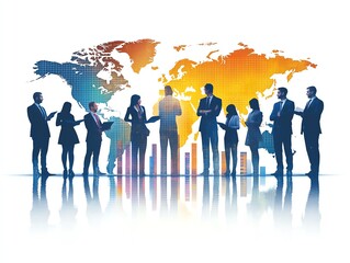 Business team planning for global market growth, rising market graph, realistic illustration, isolated on white background