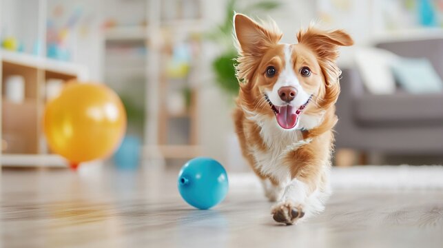 A lively dog running around the house, eagerly playing with a giant birthday balloon, celebrating with playful energy and turning the indoor space into a joyful playground of birthday fun