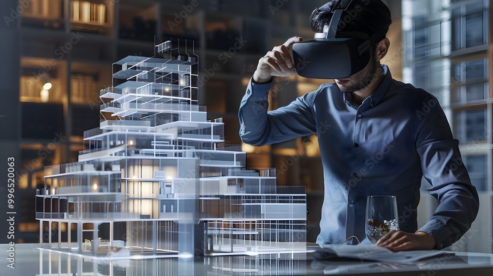 Poster architect showcasing virtual reality building walkthrough to clients in immersive office setting