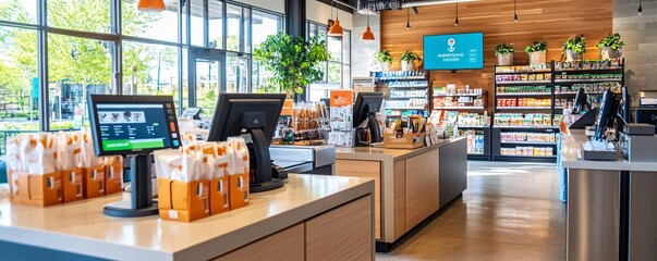 Modern Grocery Store Interior with Cash Register and Shelving.
