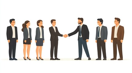 Corporate leader shaking hands with team members, business success concept, highdetail illustration, isolated on white background