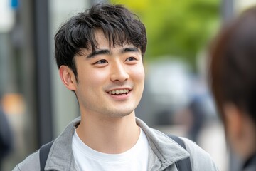Obraz premium 若い男性が明るい笑顔で友人と会話しているシーンを静かな都市の通りで撮影した日中の様子