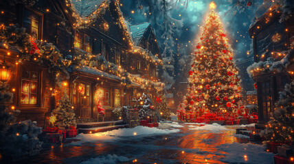 Naklejka premium Festive Christmas Decorations with Gifts, Ornaments, and Lights Creating a Joyful Holiday Atmosphere