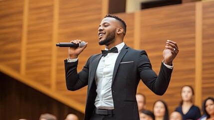 A confident male singer captivates the audience with his performance in a formal setting, showcasing talent and passion.