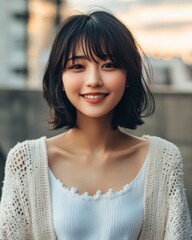 夕暮れ時に微笑む女性が都市の背景でリラックスしている様子