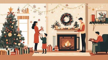 Family Decorating Home for Holidays Festive Cheer