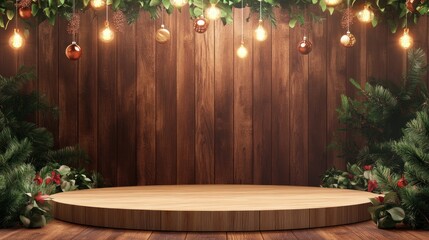Wooden stage surrounded by greenery and festive ornaments, illuminated with warm fairy lights.
