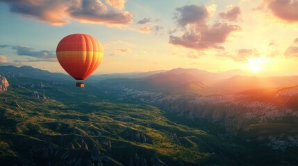 Obraz premium A vibrant hot air balloon floats gracefully above a stunning landscape at sunset, creating a serene and colorful scene.