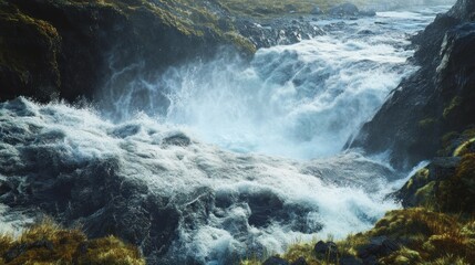 Fototapeta premium A powerful waterfall cascades over rocky terrain, creating a misty atmosphere and showcasing nature's raw beauty.