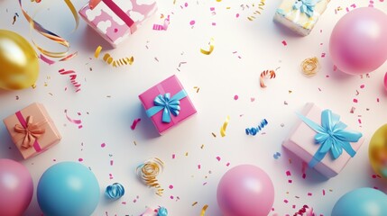 Colorful birthday party decorations featuring pastel balloons and wrapped gifts.