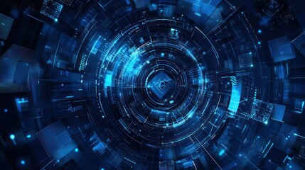 Fototapeta premium Futuristic blue digital abstract background with interconnected circular patterns and glowing data elements.