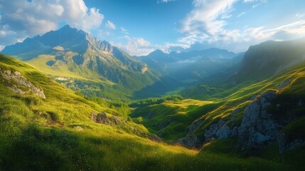 Fototapeta premium Breathtaking panoramic view of a lush valley surrounded by majestic mountains under a clear blue sky.