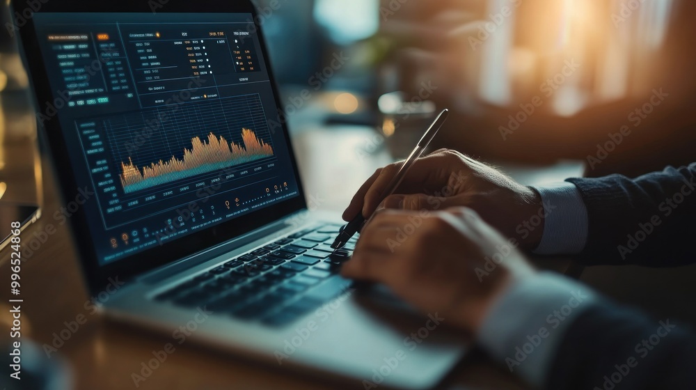 Poster a person's hand typing on a laptop, analyzing financial data with charts and graphs displayed on the